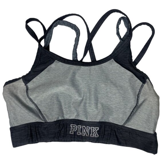 Victorias Secret PINK Strappy Sports Bra Size M Gray &‎ Black Polyester/Elastane - Picture 1 of 11